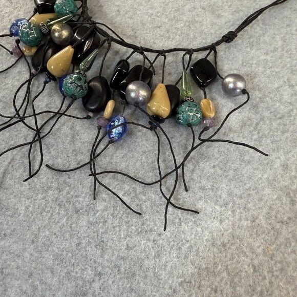 Teresa Goodall Vintage Resin Glass Bead Necklace Linen Cord Signed Boho Jewelry - Picture 7 of 12